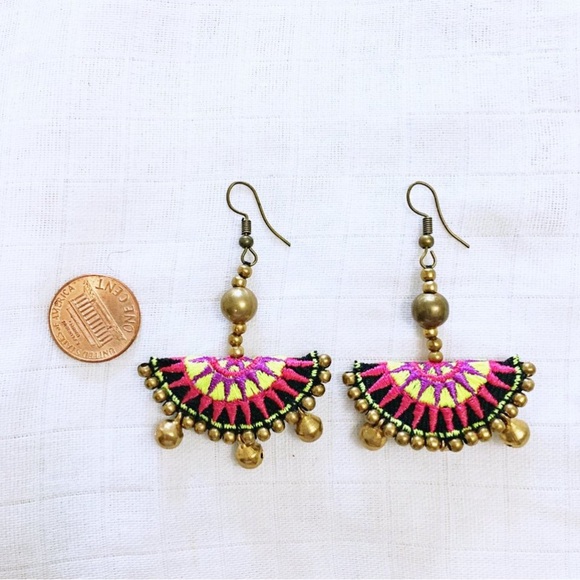 Boho Embroidered Antique Brass Earrings - Picture 3 of 4